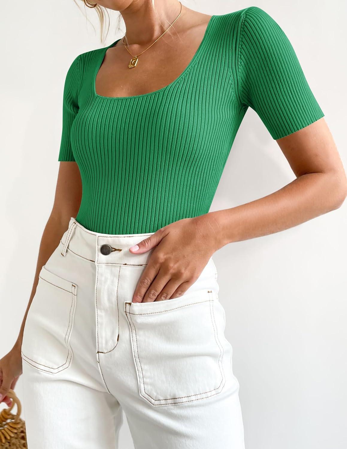 imageZESICA Womens 2026 Short Sleeve Square Neck T Shirts Slim Fitted Summer Ribbed Knit Basic Casual Tee TopsGreen