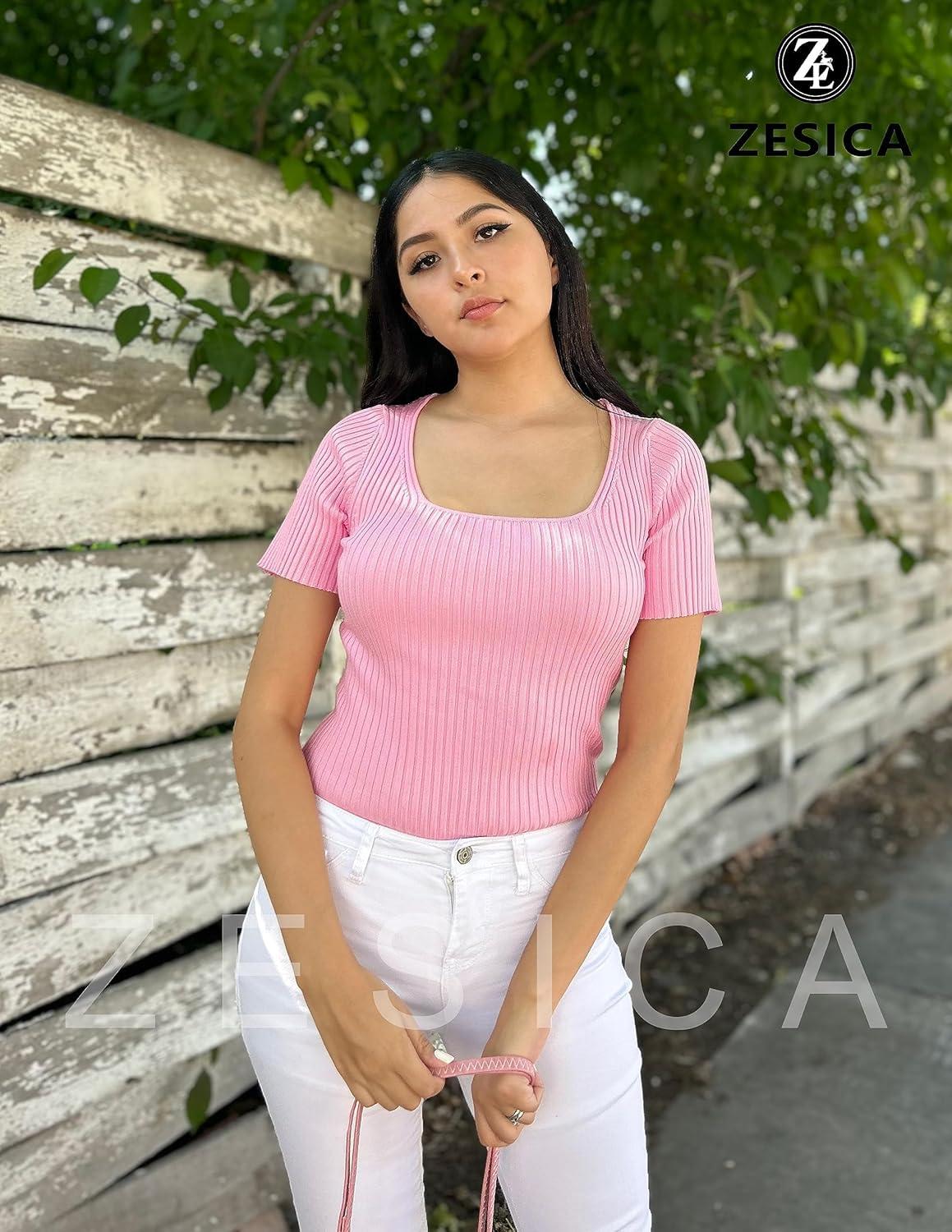 imageZESICA Womens 2026 Short Sleeve Square Neck T Shirts Slim Fitted Summer Ribbed Knit Basic Casual Tee TopsHotpink