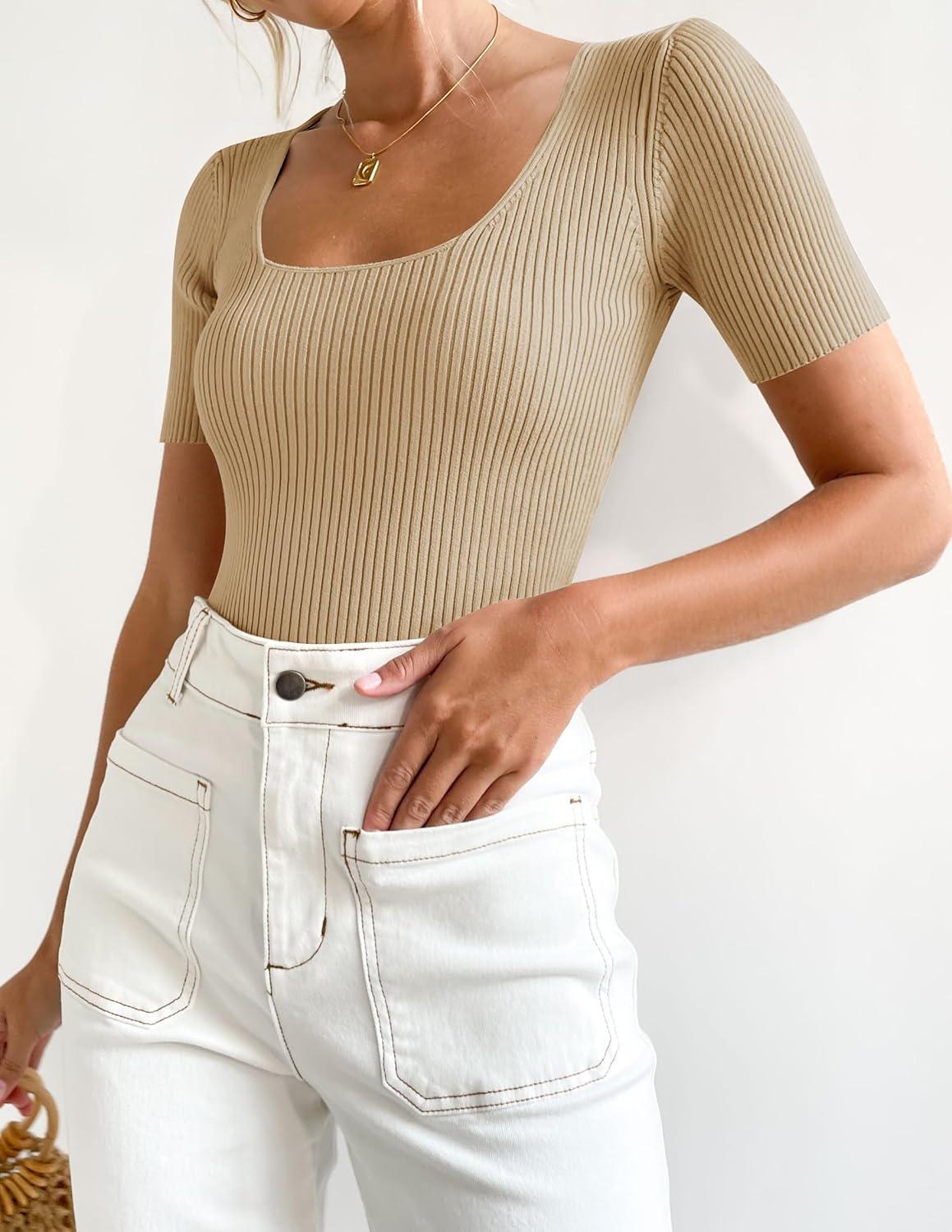 imageZESICA Womens 2026 Short Sleeve Square Neck T Shirts Slim Fitted Summer Ribbed Knit Basic Casual Tee TopsNude