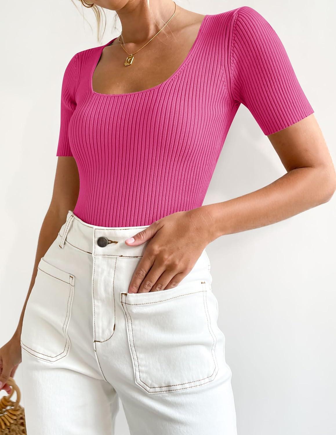 imageZESICA Womens 2026 Short Sleeve Square Neck T Shirts Slim Fitted Summer Ribbed Knit Basic Casual Tee TopsRose