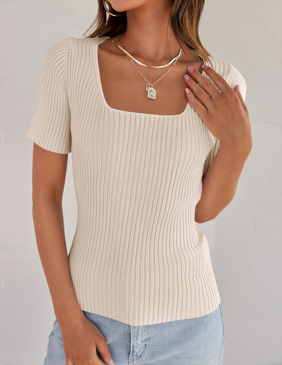 imageZESICA Womens 2026 Short Sleeve Square Neck T Shirts Slim Fitted Summer Ribbed Knit Basic Casual Tee TopsSand