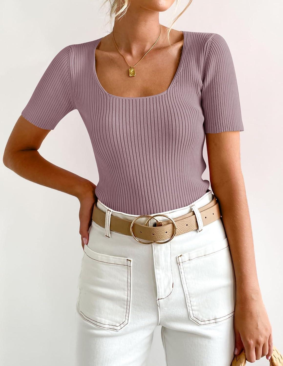 imageZESICA Womens 2026 Short Sleeve Square Neck T Shirts Slim Fitted Summer Ribbed Knit Basic Casual Tee TopsTaro