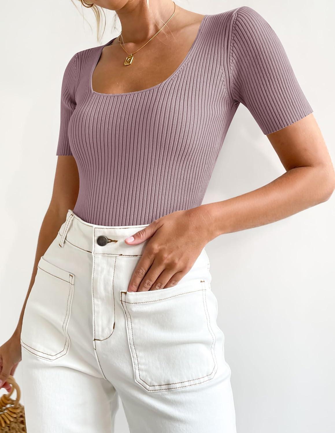 imageZESICA Womens 2026 Short Sleeve Square Neck T Shirts Slim Fitted Summer Ribbed Knit Basic Casual Tee TopsTaro
