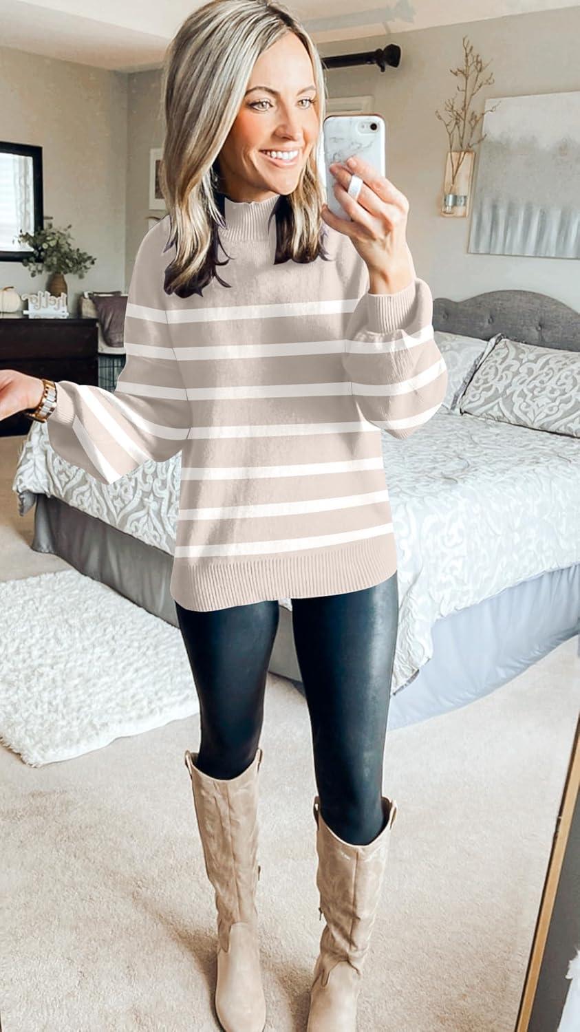 imageZESICA Womens 2026 Spring Fashion Turtleneck Long Sleeve Striped Ribbed Knit Loose Pullover Sweater TopsAlmond