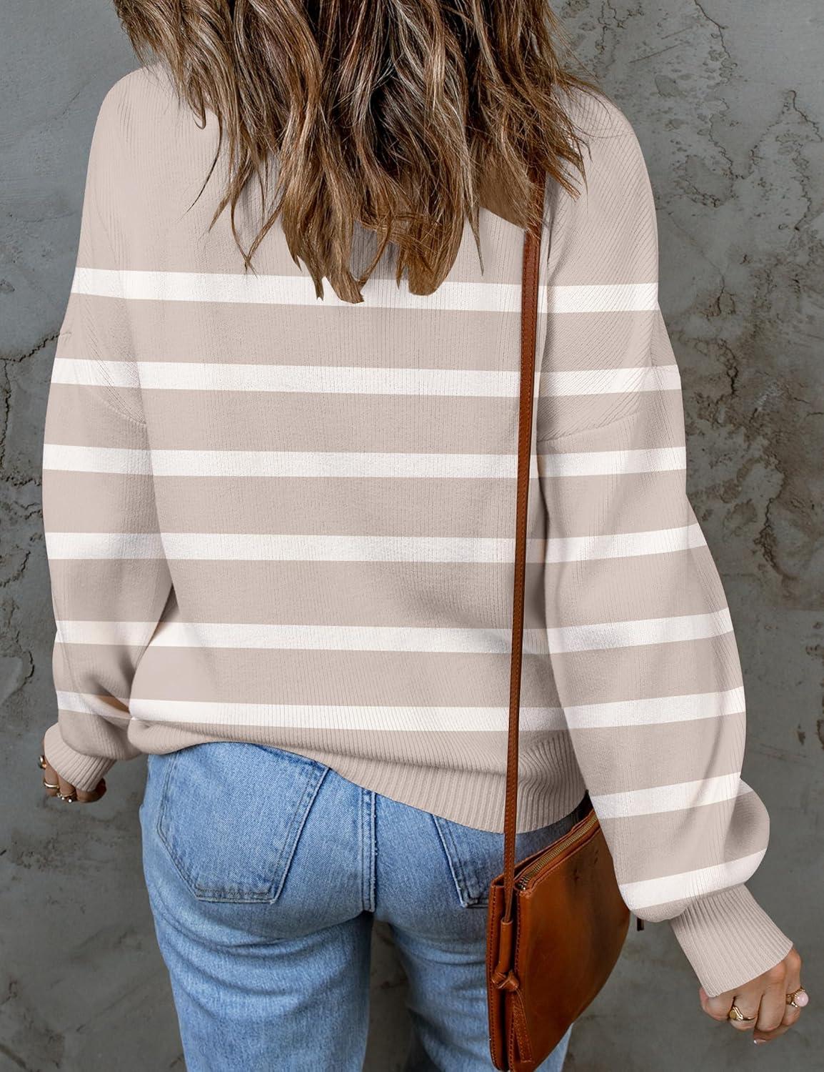 imageZESICA Womens 2026 Spring Fashion Turtleneck Long Sleeve Striped Ribbed Knit Loose Pullover Sweater TopsAlmond