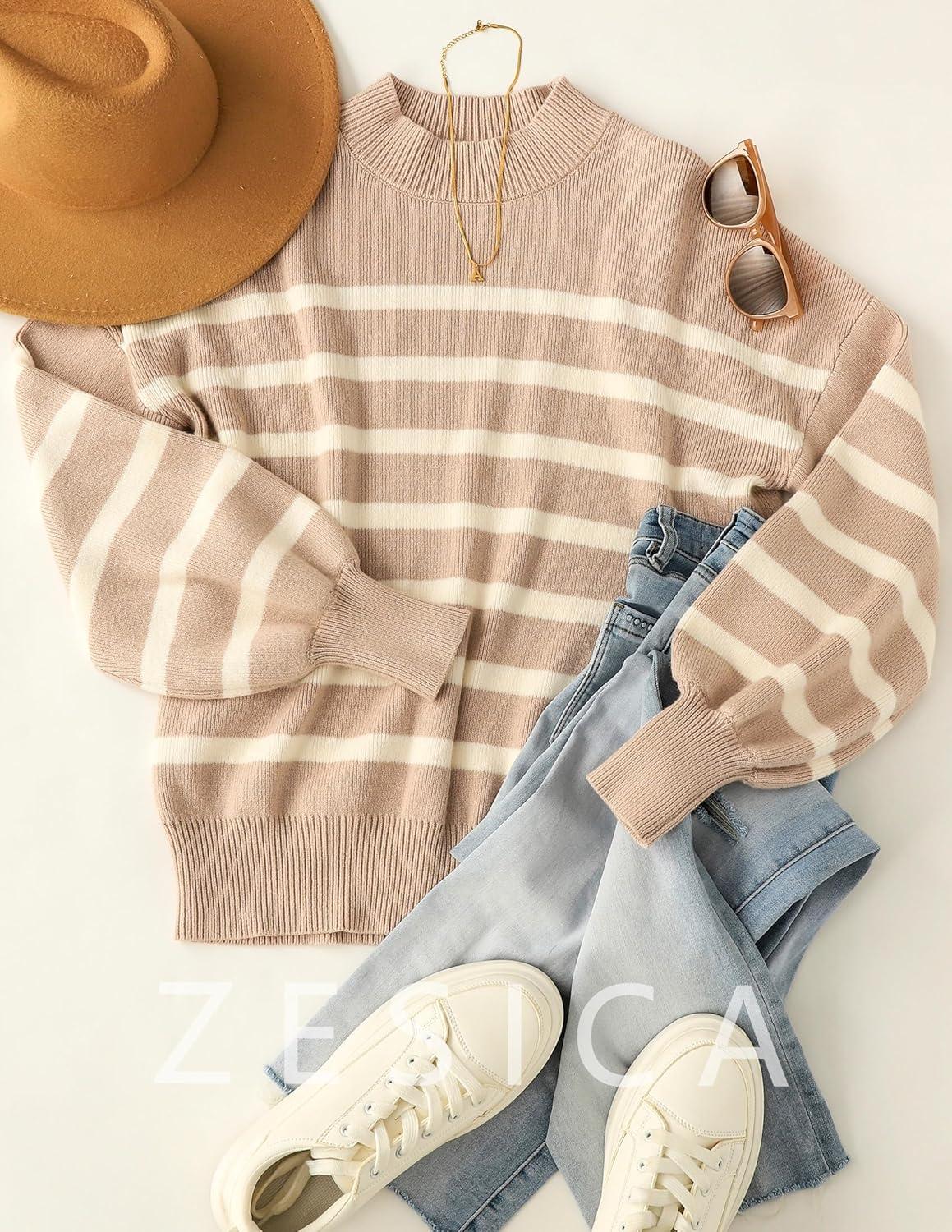 imageZESICA Womens 2026 Spring Fashion Turtleneck Long Sleeve Striped Ribbed Knit Loose Pullover Sweater TopsAlmond