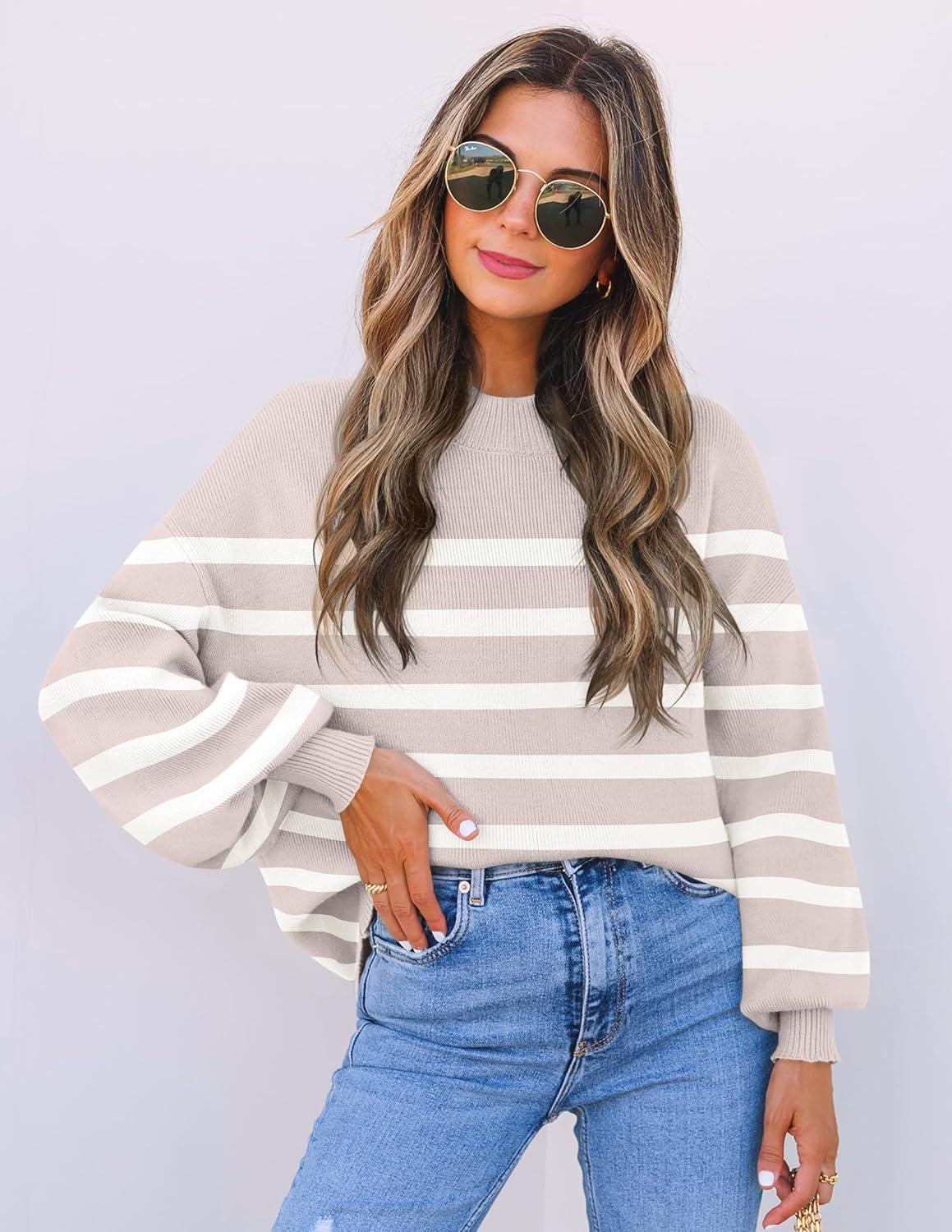 imageZESICA Womens 2026 Spring Fashion Turtleneck Long Sleeve Striped Ribbed Knit Loose Pullover Sweater TopsAlmond