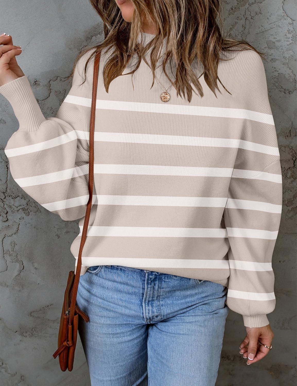 imageZESICA Womens 2026 Spring Fashion Turtleneck Long Sleeve Striped Ribbed Knit Loose Pullover Sweater TopsAlmond
