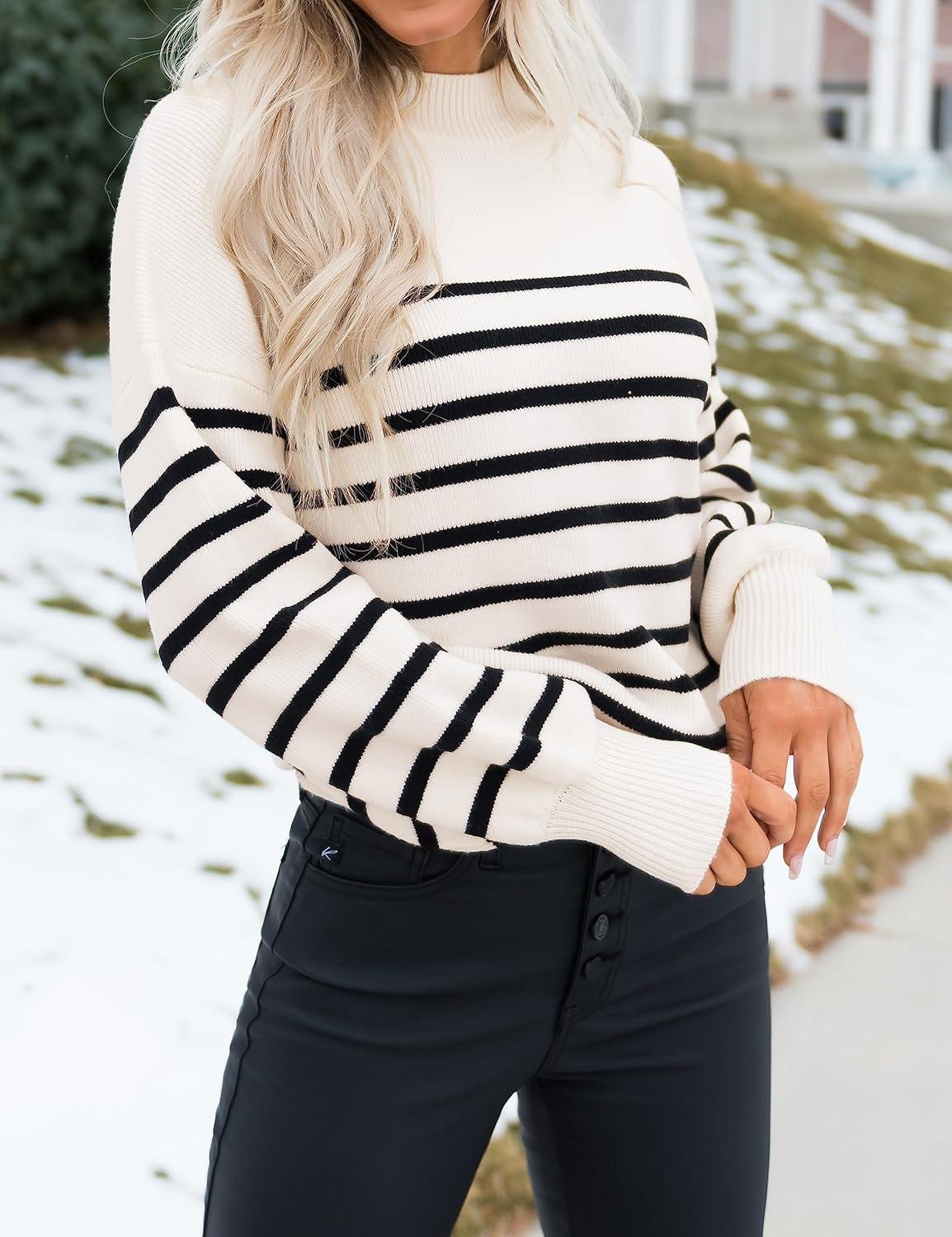 imageZESICA Womens 2026 Spring Fashion Turtleneck Long Sleeve Striped Ribbed Knit Loose Pullover Sweater TopsApricot