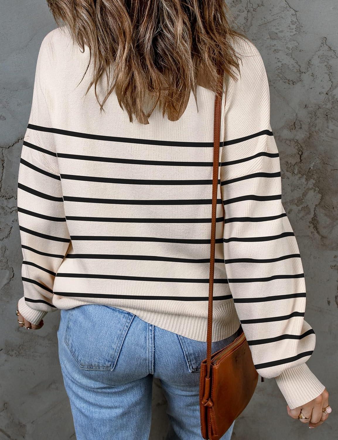 imageZESICA Womens 2026 Spring Fashion Turtleneck Long Sleeve Striped Ribbed Knit Loose Pullover Sweater TopsApricot