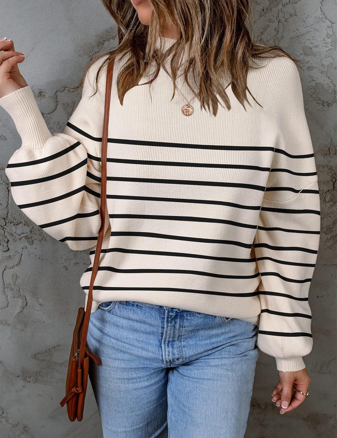 imageZESICA Womens 2026 Spring Fashion Turtleneck Long Sleeve Striped Ribbed Knit Loose Pullover Sweater TopsApricot