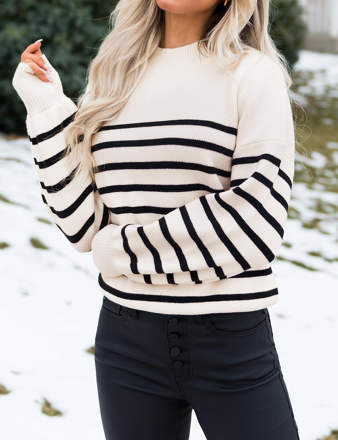 imageZESICA Womens 2026 Spring Fashion Turtleneck Long Sleeve Striped Ribbed Knit Loose Pullover Sweater TopsApricot