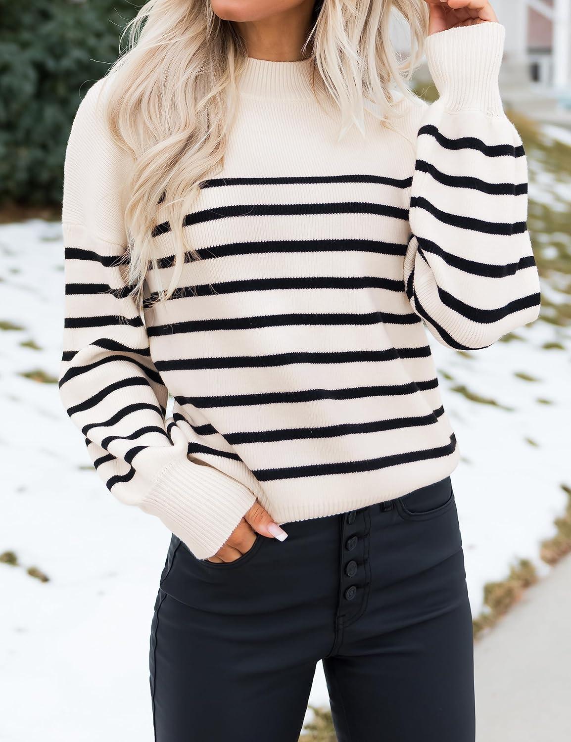 imageZESICA Womens 2026 Spring Fashion Turtleneck Long Sleeve Striped Ribbed Knit Loose Pullover Sweater TopsApricot