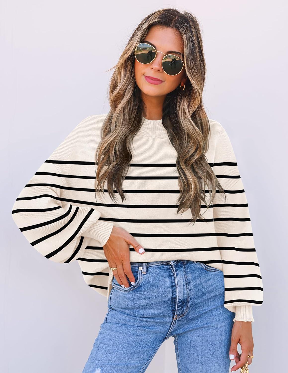 imageZESICA Womens 2026 Spring Fashion Turtleneck Long Sleeve Striped Ribbed Knit Loose Pullover Sweater TopsApricot