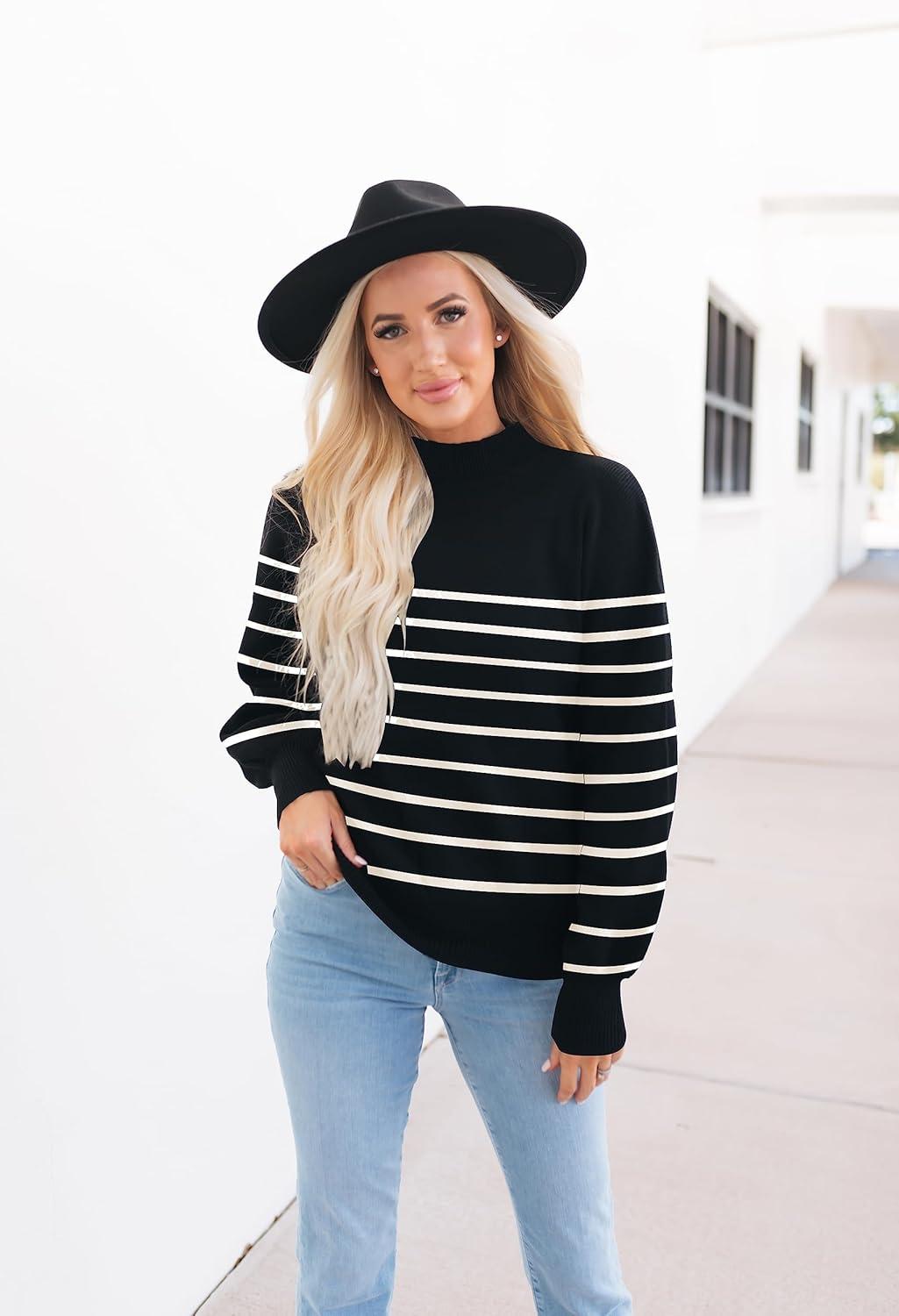 imageZESICA Womens 2026 Spring Fashion Turtleneck Long Sleeve Striped Ribbed Knit Loose Pullover Sweater TopsBlack