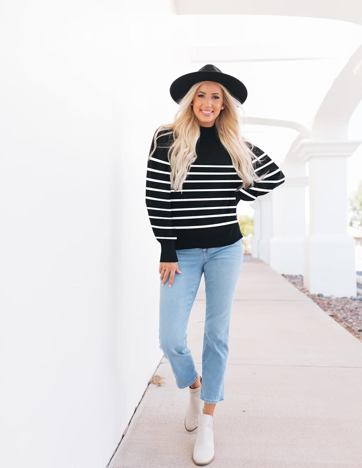 imageZESICA Womens 2026 Spring Fashion Turtleneck Long Sleeve Striped Ribbed Knit Loose Pullover Sweater TopsBlack