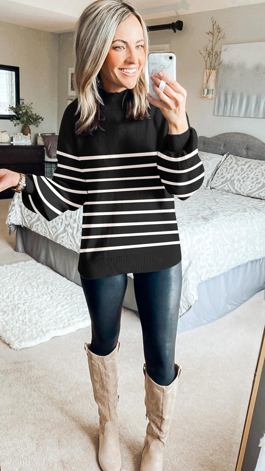 imageZESICA Womens 2026 Spring Fashion Turtleneck Long Sleeve Striped Ribbed Knit Loose Pullover Sweater TopsBlack