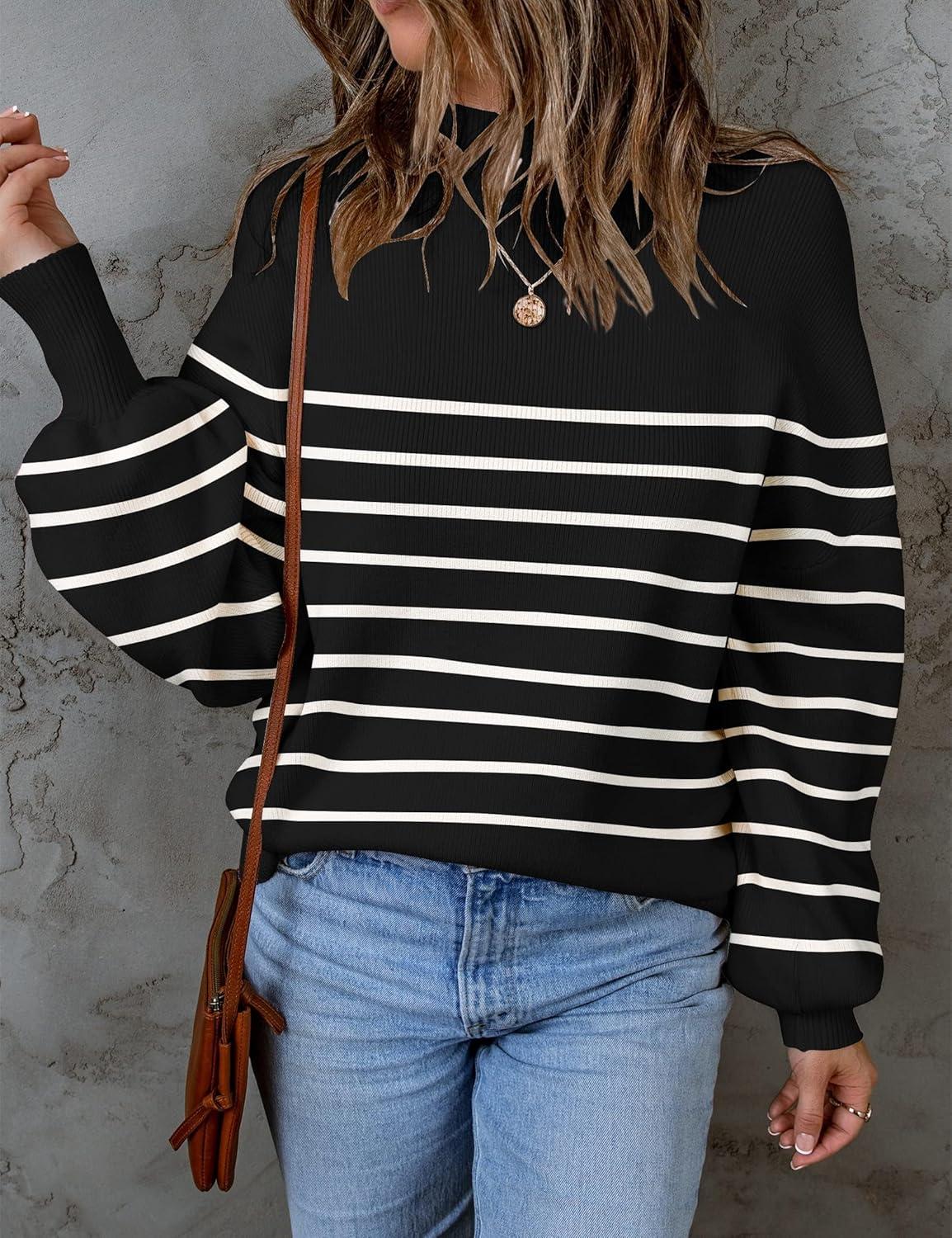 imageZESICA Womens 2026 Spring Fashion Turtleneck Long Sleeve Striped Ribbed Knit Loose Pullover Sweater TopsBlack