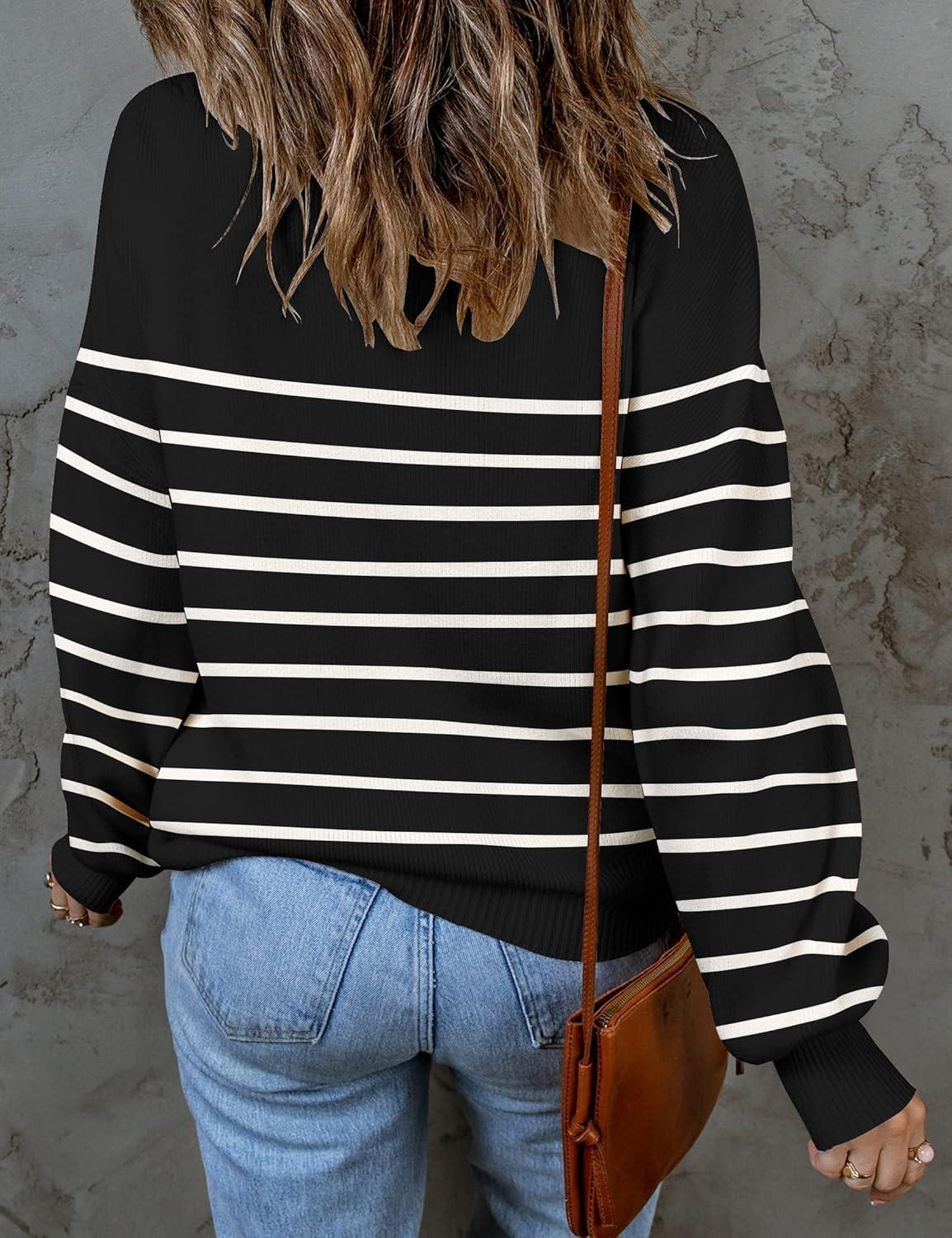 imageZESICA Womens 2026 Spring Fashion Turtleneck Long Sleeve Striped Ribbed Knit Loose Pullover Sweater TopsBlack