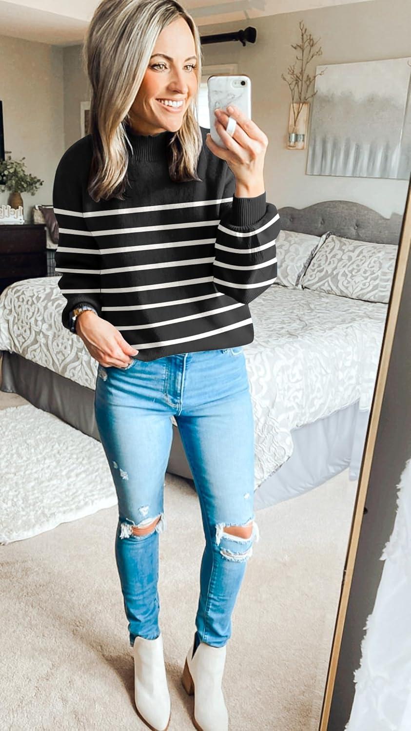 imageZESICA Womens 2026 Spring Fashion Turtleneck Long Sleeve Striped Ribbed Knit Loose Pullover Sweater TopsBlack