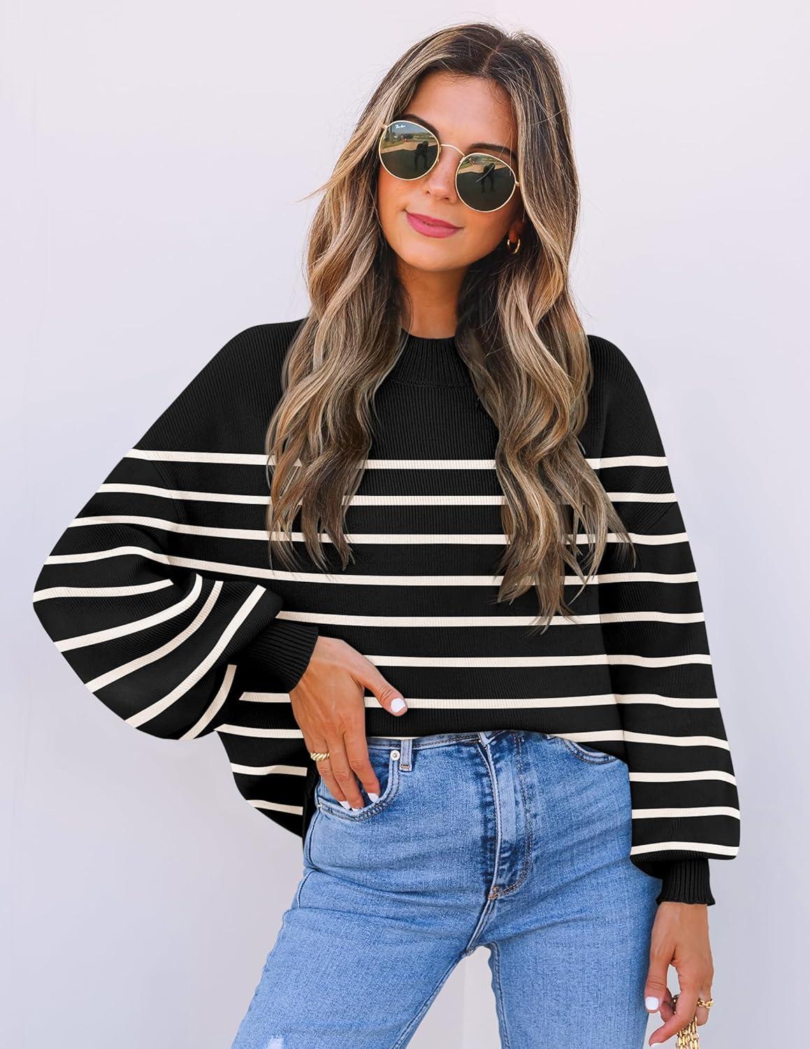 imageZESICA Womens 2026 Spring Fashion Turtleneck Long Sleeve Striped Ribbed Knit Loose Pullover Sweater TopsBlack