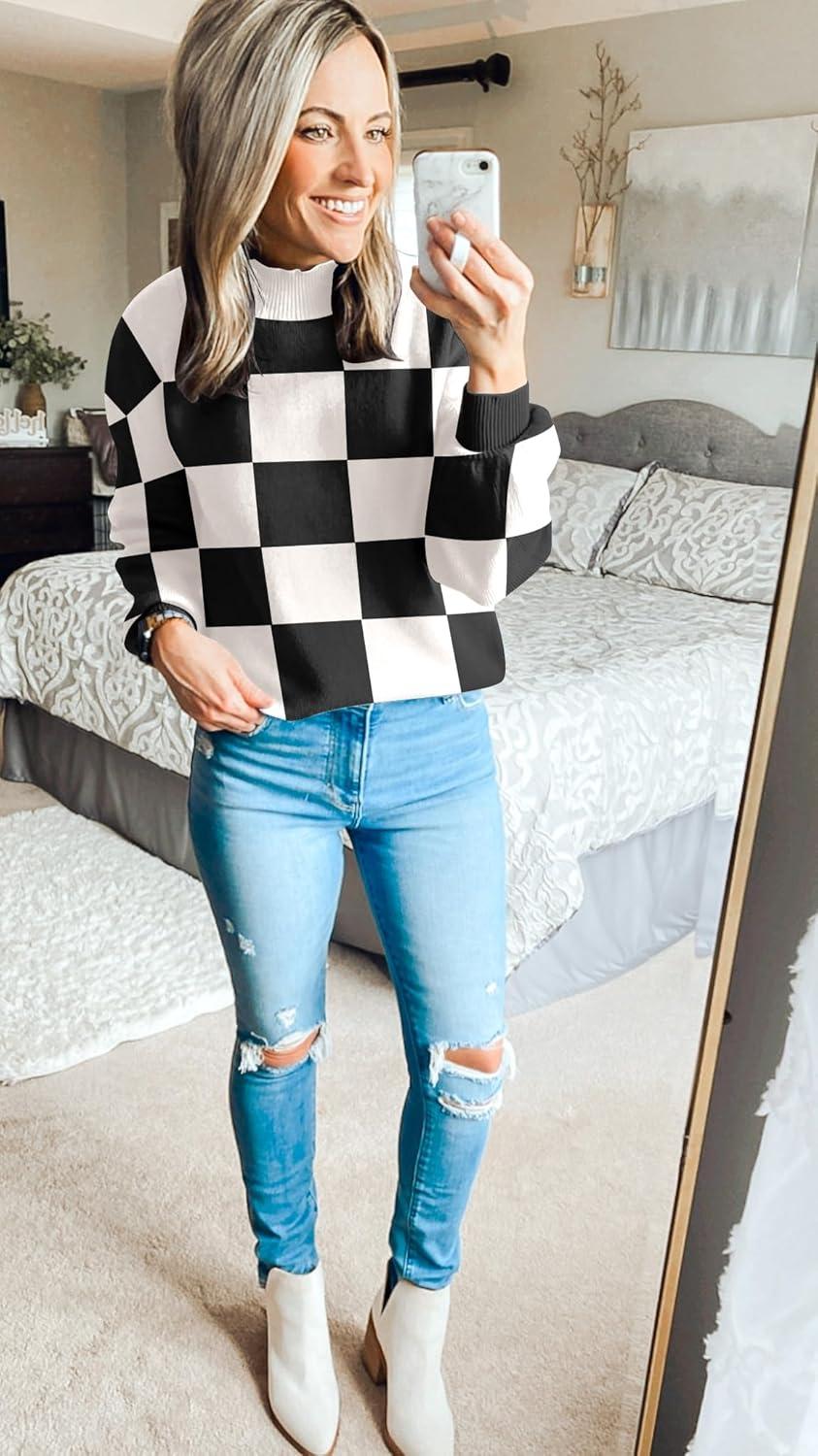 imageZESICA Womens 2026 Spring Fashion Turtleneck Long Sleeve Striped Ribbed Knit Loose Pullover Sweater TopsBlackplaid