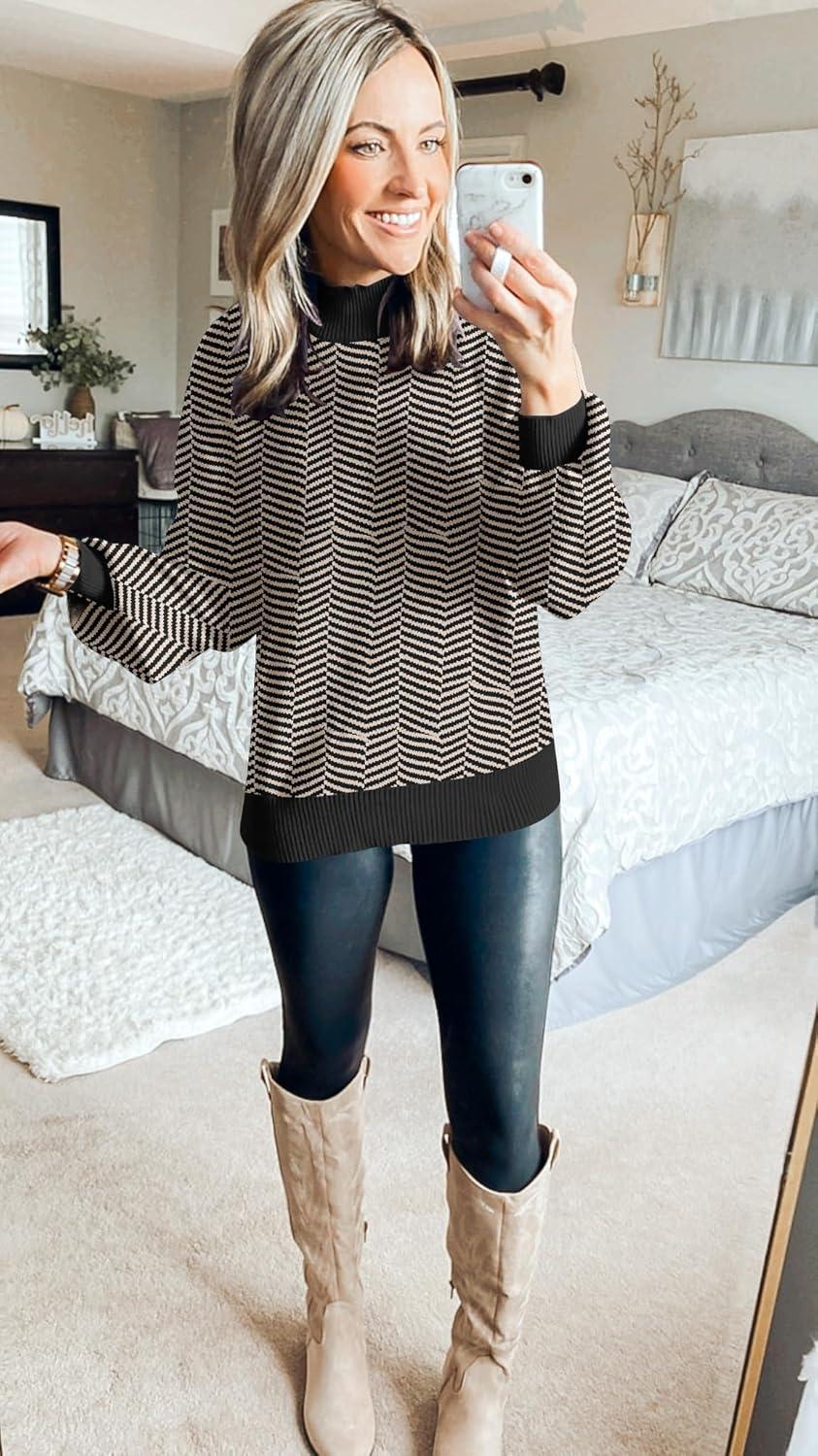 imageZESICA Womens 2026 Spring Fashion Turtleneck Long Sleeve Striped Ribbed Knit Loose Pullover Sweater TopsBrownstripe