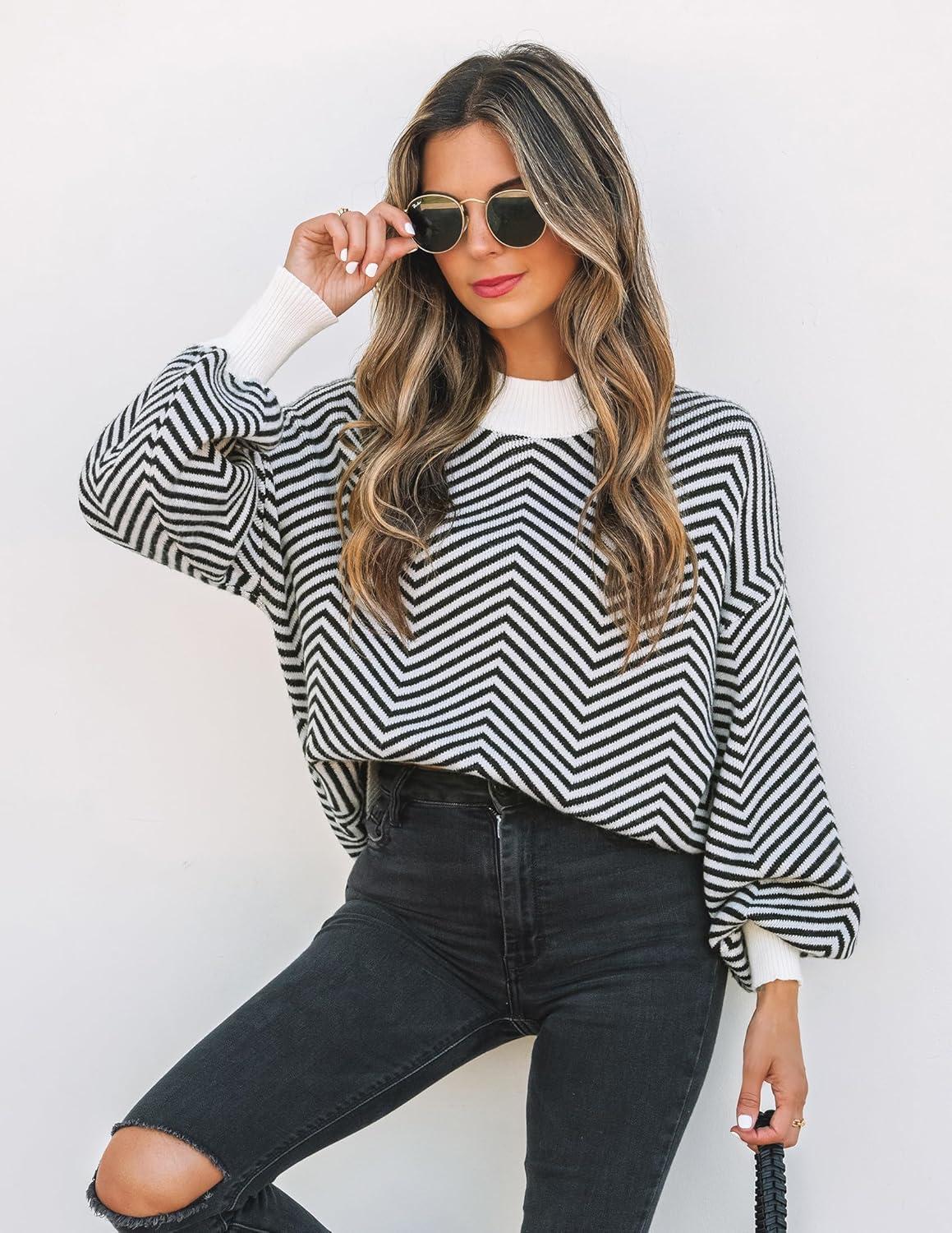 imageZESICA Womens 2026 Spring Fashion Turtleneck Long Sleeve Striped Ribbed Knit Loose Pullover Sweater TopsCarbon
