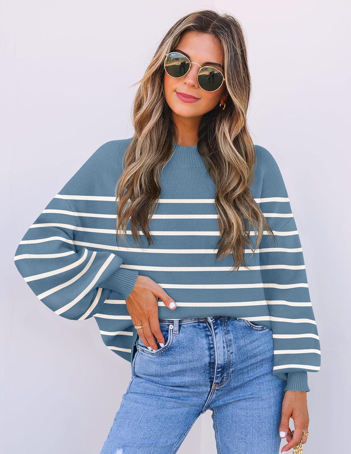 imageZESICA Womens 2026 Spring Fashion Turtleneck Long Sleeve Striped Ribbed Knit Loose Pullover Sweater TopsDarkblue