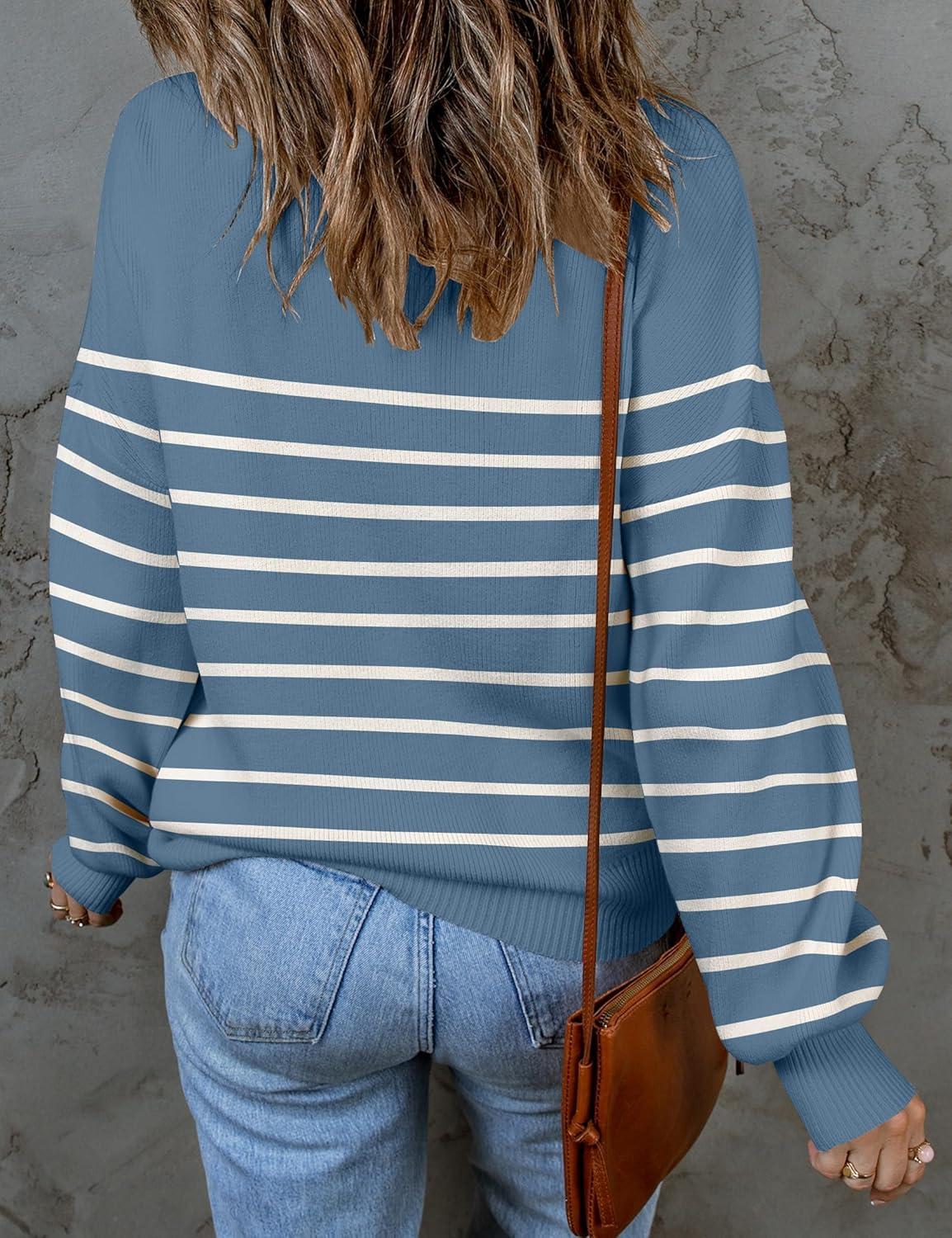 imageZESICA Womens 2026 Spring Fashion Turtleneck Long Sleeve Striped Ribbed Knit Loose Pullover Sweater TopsDarkblue
