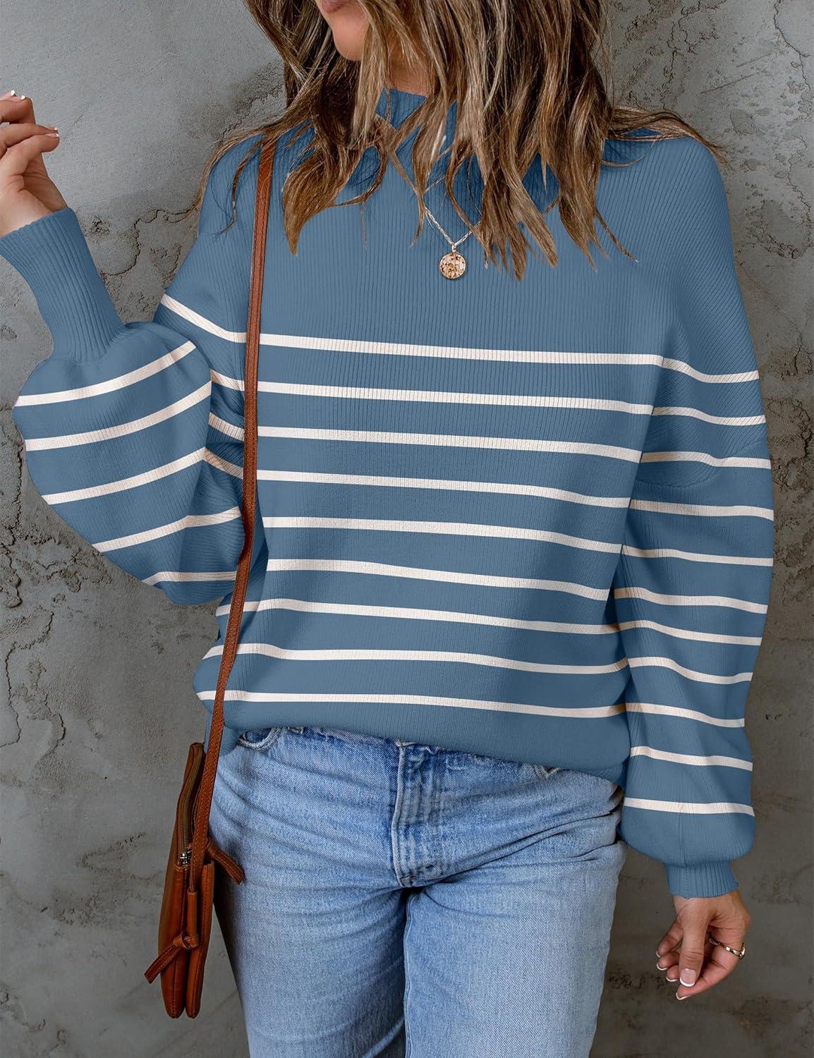 imageZESICA Womens 2026 Spring Fashion Turtleneck Long Sleeve Striped Ribbed Knit Loose Pullover Sweater TopsDarkblue