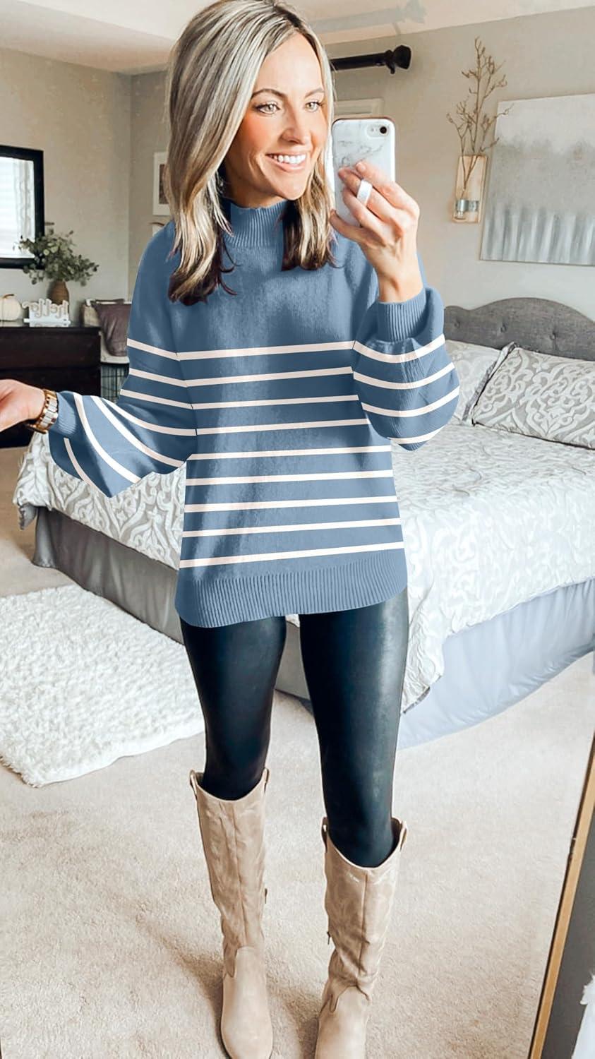 imageZESICA Womens 2026 Spring Fashion Turtleneck Long Sleeve Striped Ribbed Knit Loose Pullover Sweater TopsDarkblue
