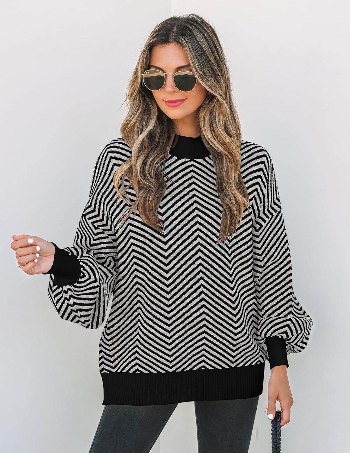 imageZESICA Womens 2026 Spring Fashion Turtleneck Long Sleeve Striped Ribbed Knit Loose Pullover Sweater TopsDim
