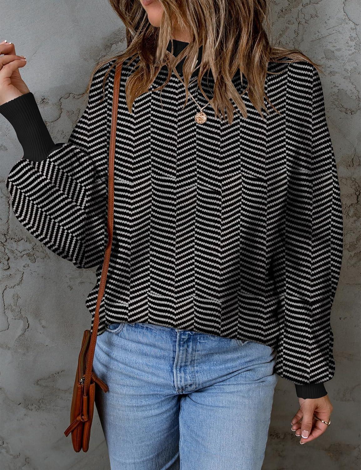 imageZESICA Womens 2026 Spring Fashion Turtleneck Long Sleeve Striped Ribbed Knit Loose Pullover Sweater TopsDim
