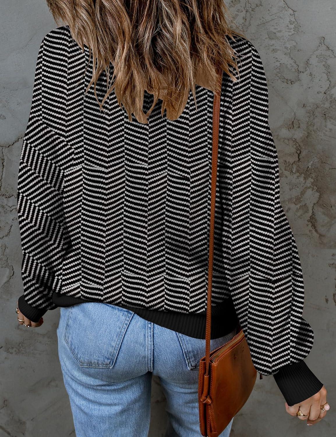 imageZESICA Womens 2026 Spring Fashion Turtleneck Long Sleeve Striped Ribbed Knit Loose Pullover Sweater TopsDim