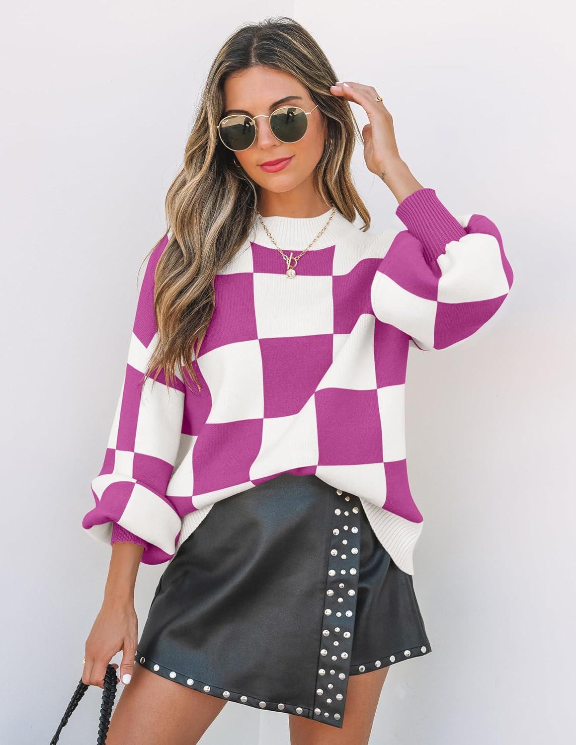 imageZESICA Womens 2026 Spring Fashion Turtleneck Long Sleeve Striped Ribbed Knit Loose Pullover Sweater TopsEggplant