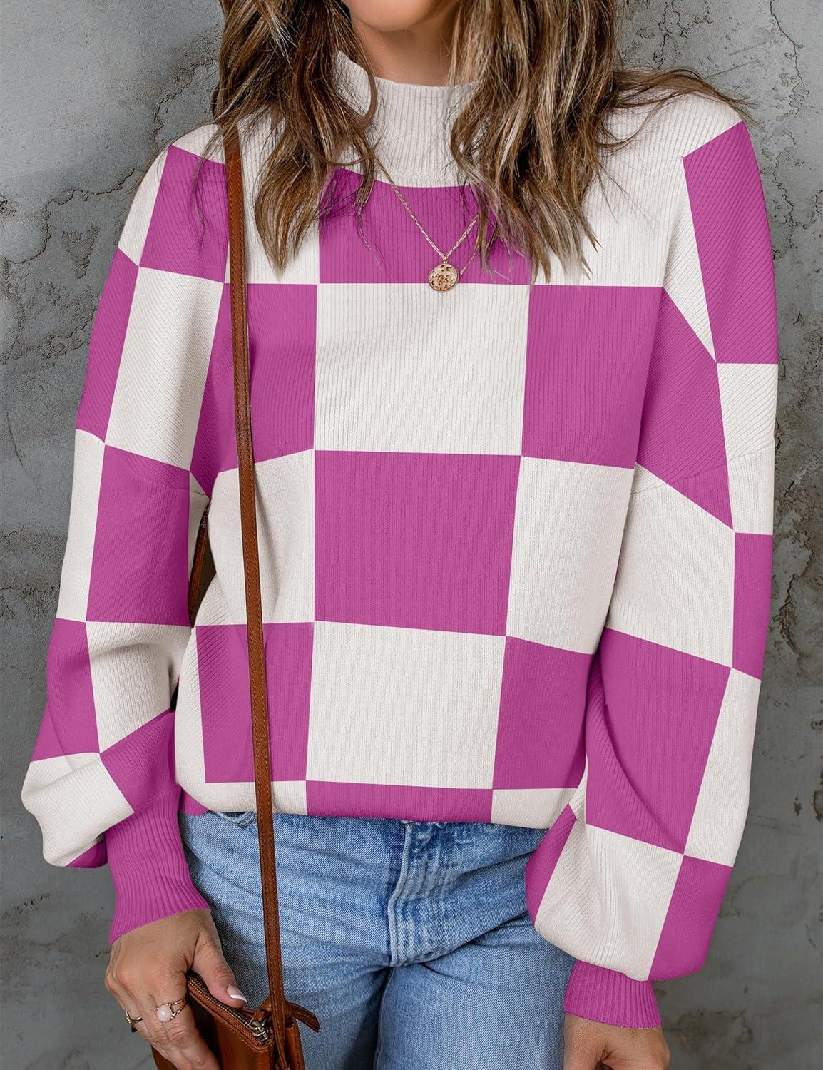 imageZESICA Womens 2026 Spring Fashion Turtleneck Long Sleeve Striped Ribbed Knit Loose Pullover Sweater TopsEggplant