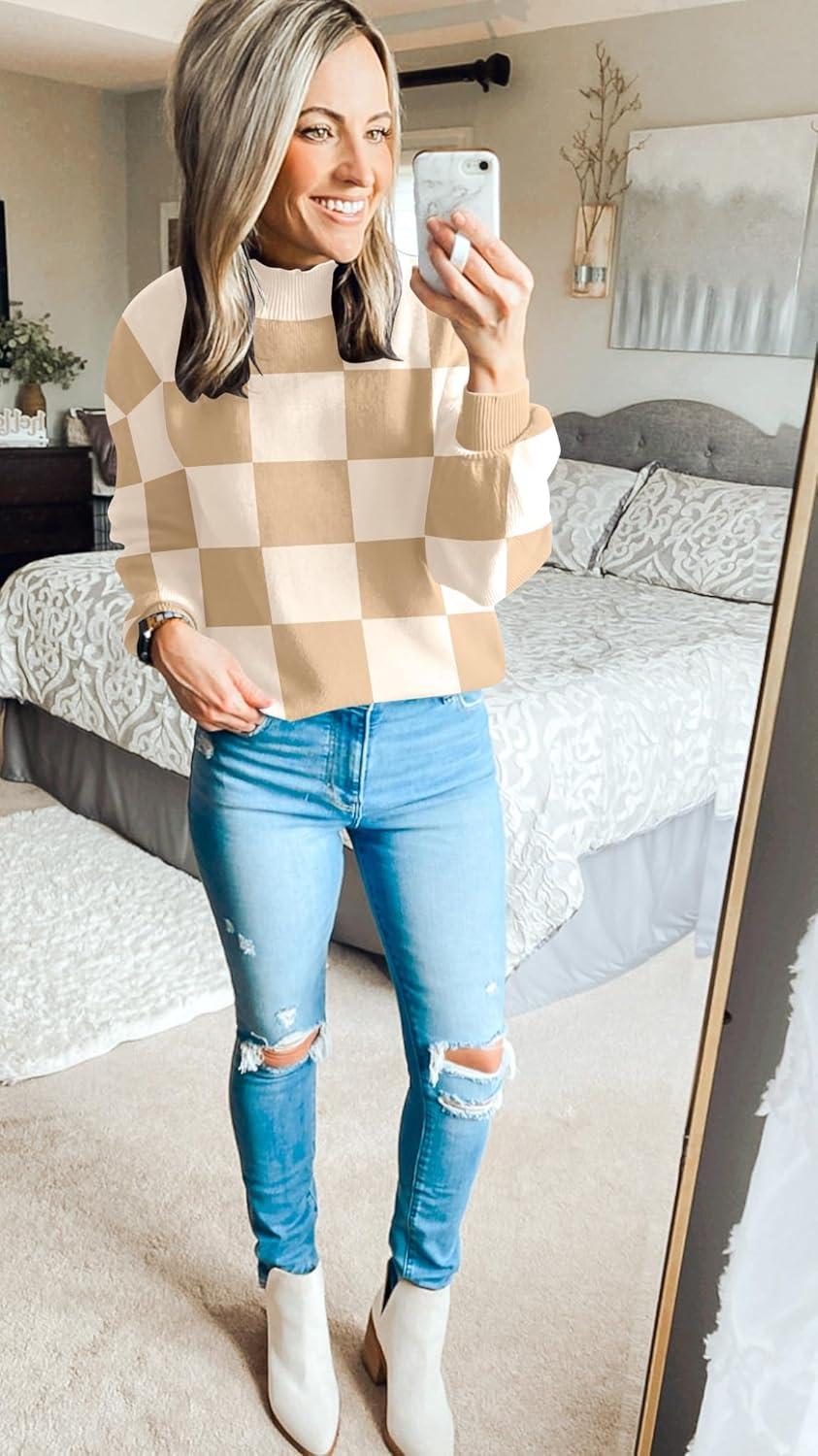 imageZESICA Womens 2026 Spring Fashion Turtleneck Long Sleeve Striped Ribbed Knit Loose Pullover Sweater TopsKhakiplaid