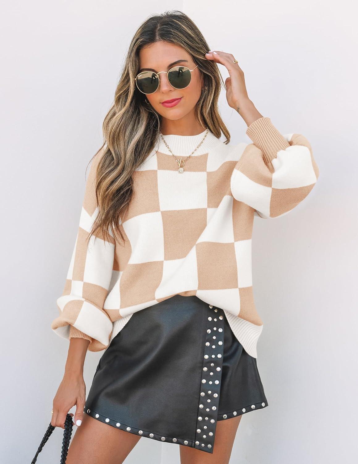 imageZESICA Womens 2026 Spring Fashion Turtleneck Long Sleeve Striped Ribbed Knit Loose Pullover Sweater TopsKhakiplaid