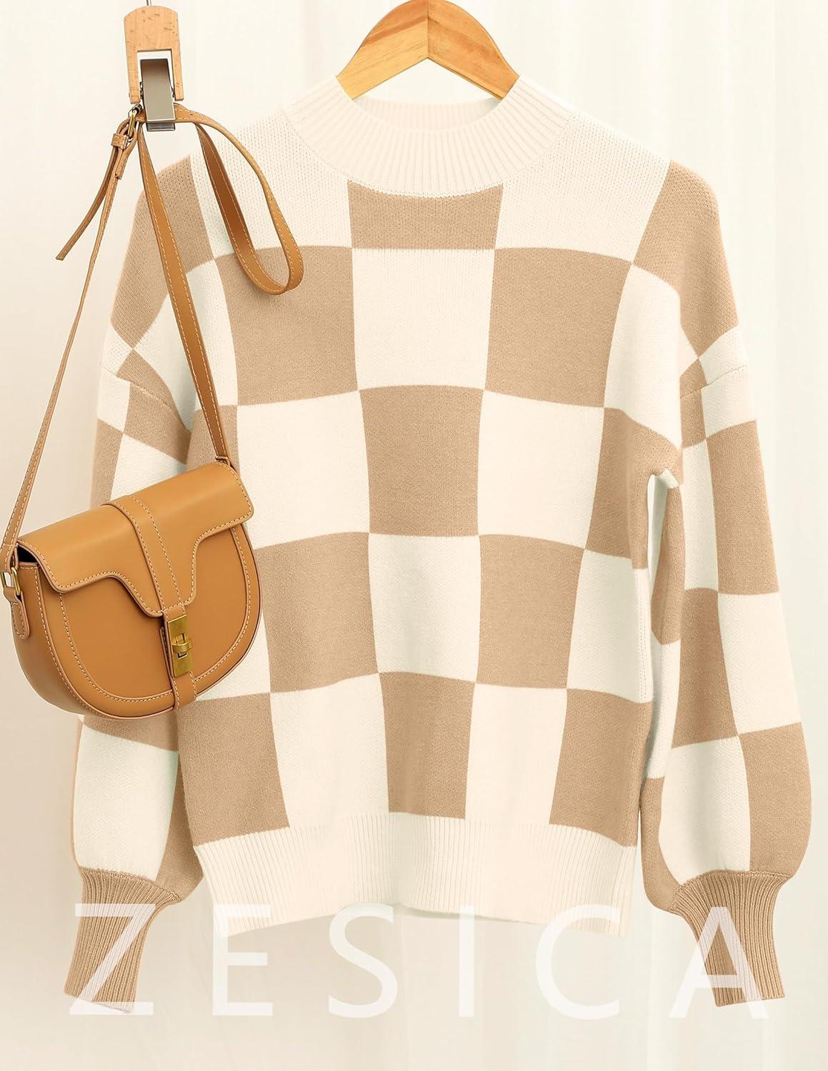 imageZESICA Womens 2026 Spring Fashion Turtleneck Long Sleeve Striped Ribbed Knit Loose Pullover Sweater TopsKhakiplaid