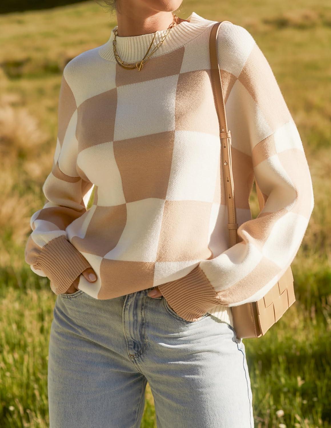 imageZESICA Womens 2026 Spring Fashion Turtleneck Long Sleeve Striped Ribbed Knit Loose Pullover Sweater TopsKhakiplaid