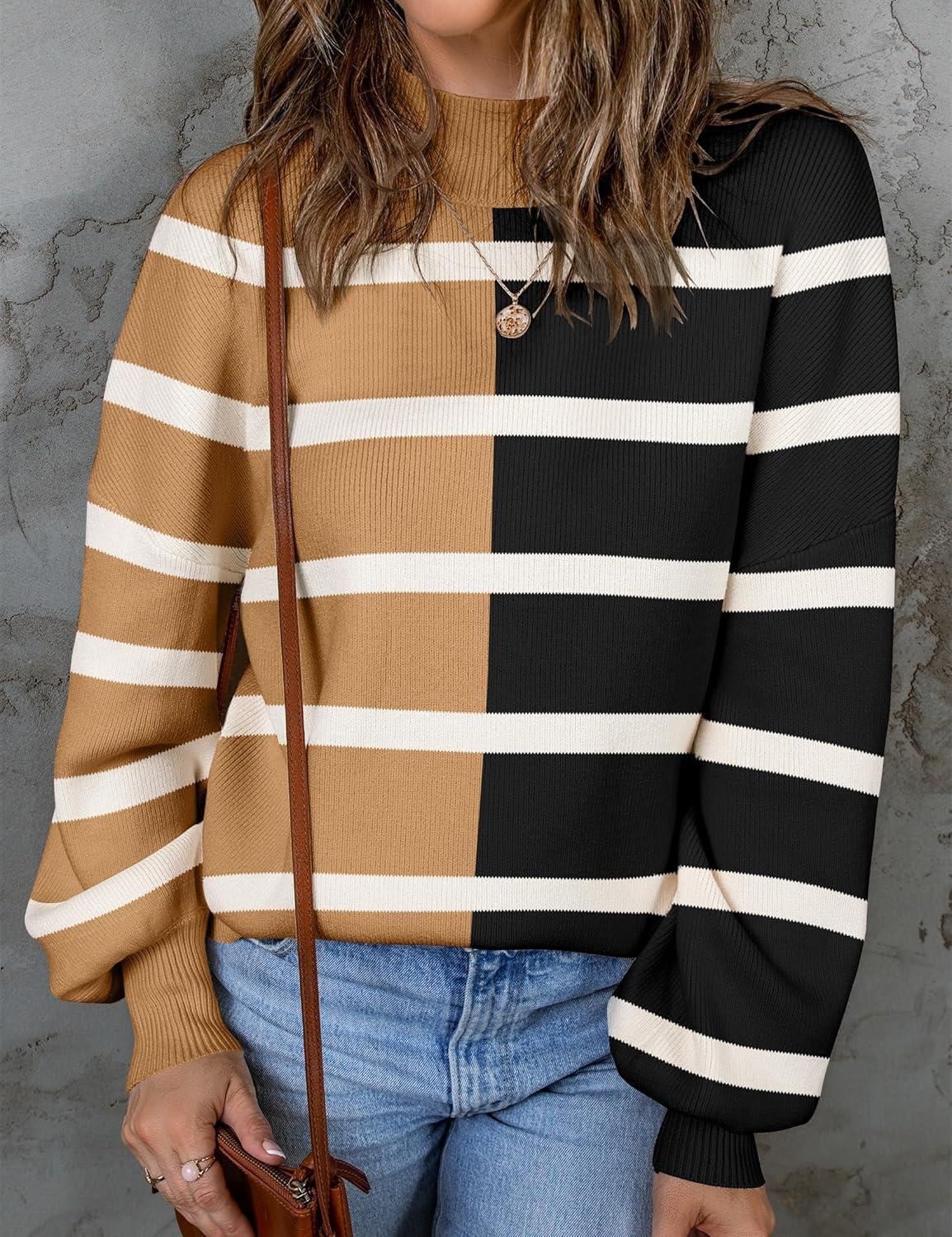 imageZESICA Womens 2026 Spring Fashion Turtleneck Long Sleeve Striped Ribbed Knit Loose Pullover Sweater TopsLightkhaki