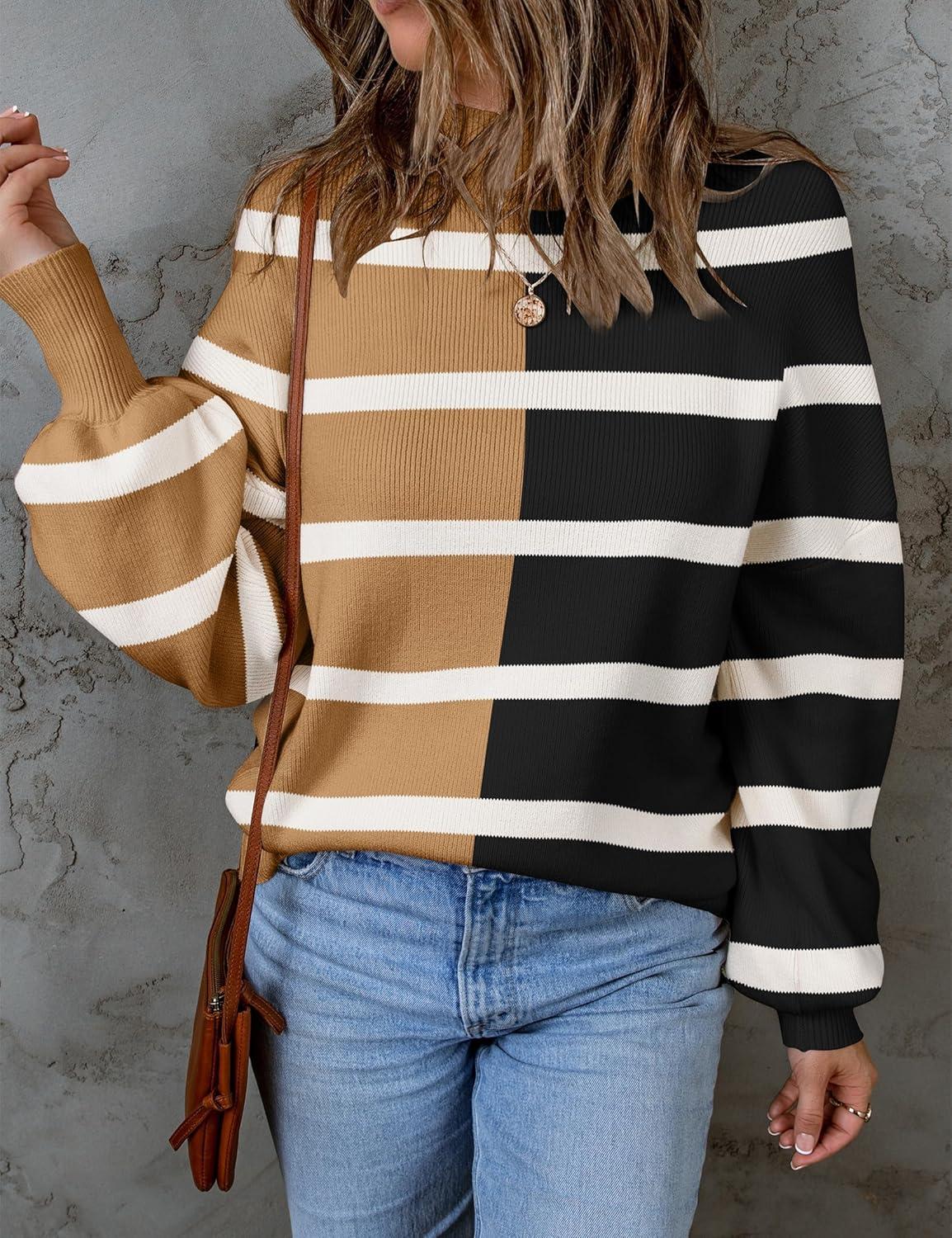 imageZESICA Womens 2026 Spring Fashion Turtleneck Long Sleeve Striped Ribbed Knit Loose Pullover Sweater TopsLightkhaki