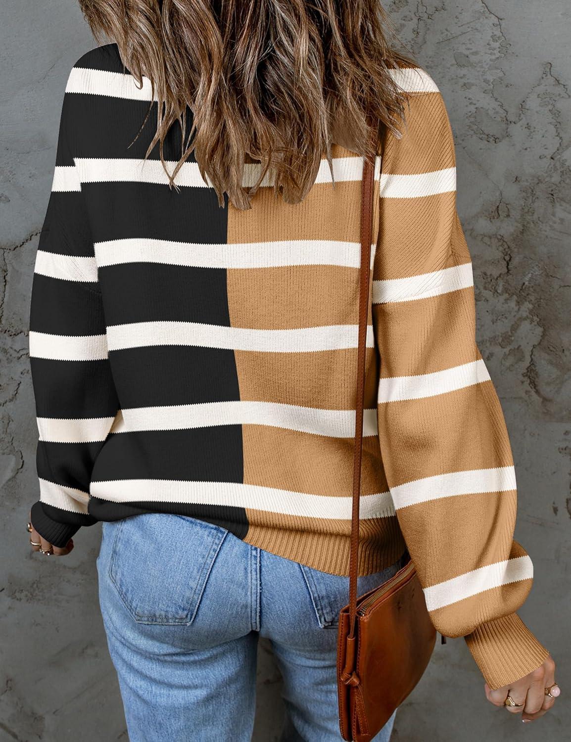 imageZESICA Womens 2026 Spring Fashion Turtleneck Long Sleeve Striped Ribbed Knit Loose Pullover Sweater TopsLightkhaki