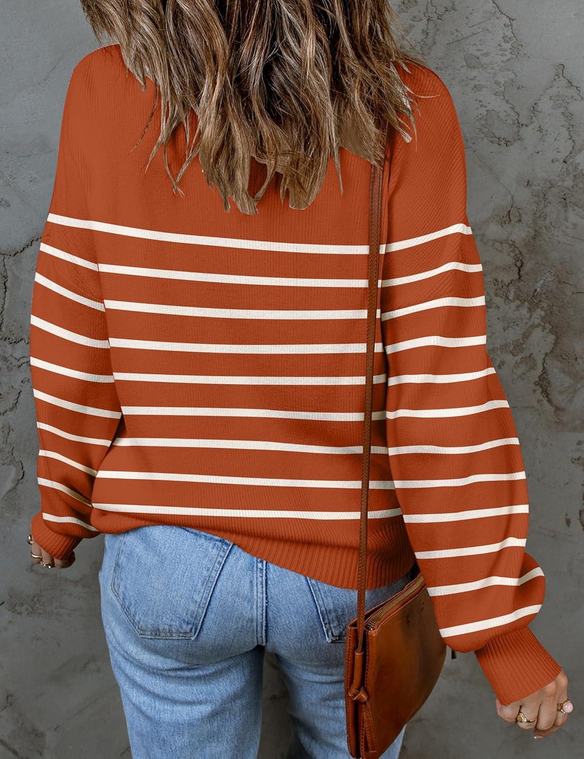 imageZESICA Womens 2026 Spring Fashion Turtleneck Long Sleeve Striped Ribbed Knit Loose Pullover Sweater TopsMaple
