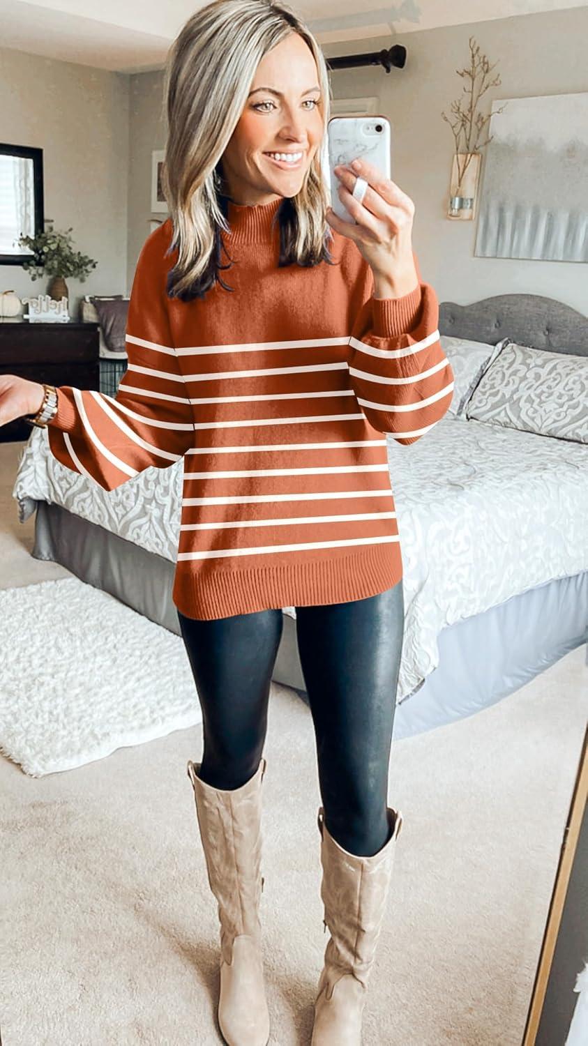 imageZESICA Womens 2026 Spring Fashion Turtleneck Long Sleeve Striped Ribbed Knit Loose Pullover Sweater TopsMaple
