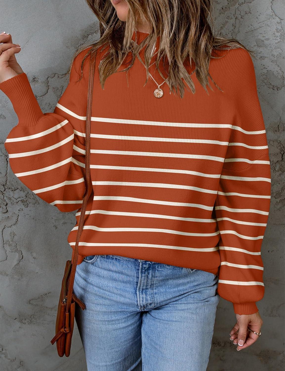 imageZESICA Womens 2026 Spring Fashion Turtleneck Long Sleeve Striped Ribbed Knit Loose Pullover Sweater TopsMaple