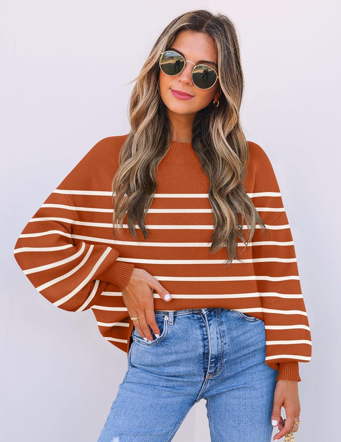 imageZESICA Womens 2026 Spring Fashion Turtleneck Long Sleeve Striped Ribbed Knit Loose Pullover Sweater TopsMaple