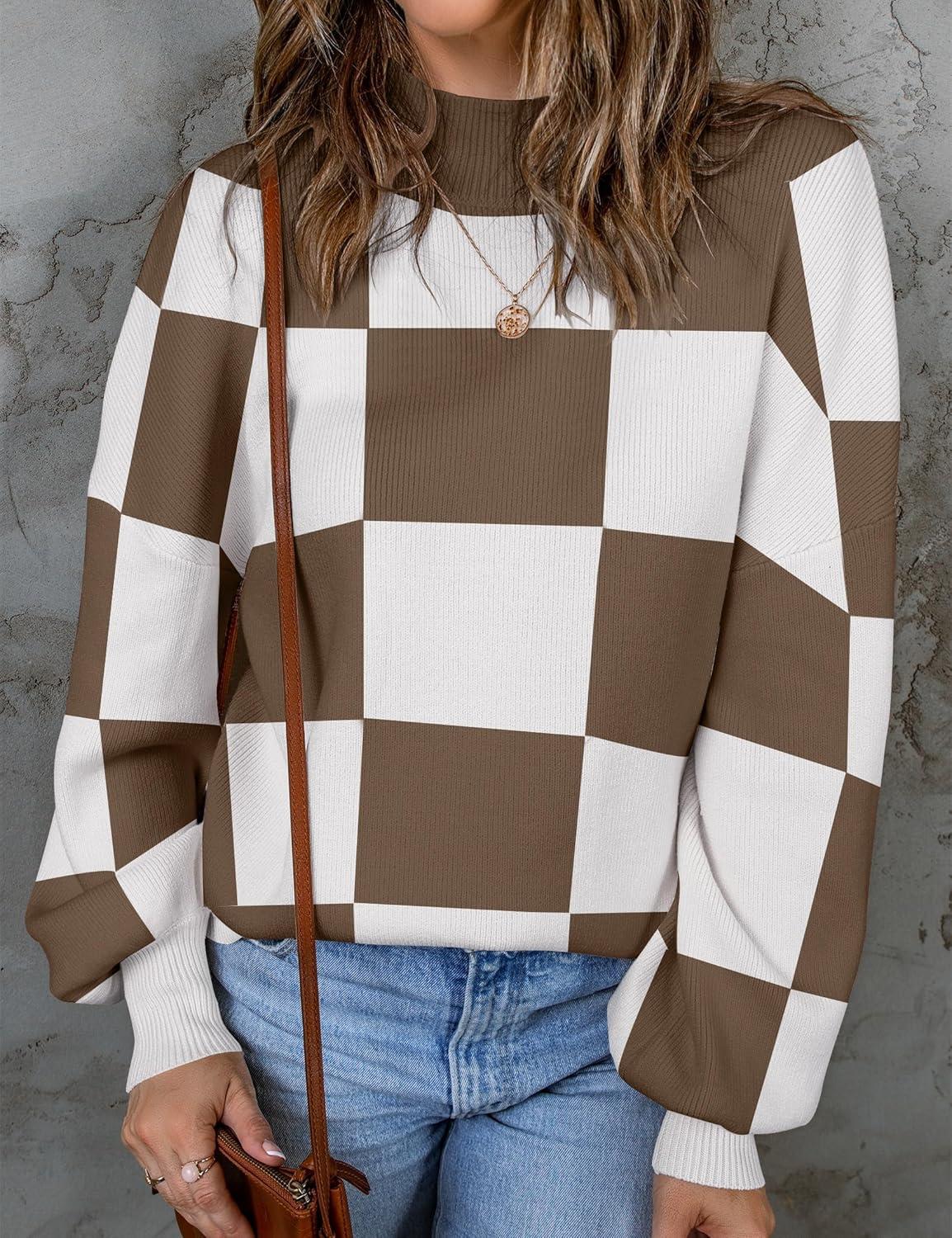 imageZESICA Womens 2026 Spring Fashion Turtleneck Long Sleeve Striped Ribbed Knit Loose Pullover Sweater TopsMocha
