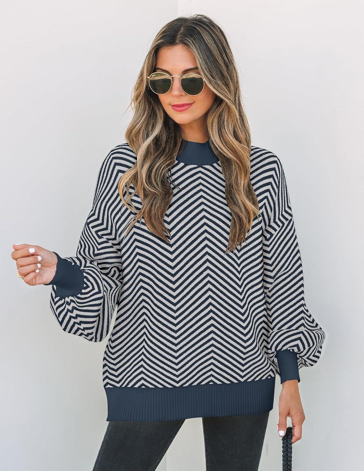 imageZESICA Womens 2026 Spring Fashion Turtleneck Long Sleeve Striped Ribbed Knit Loose Pullover Sweater TopsNavystripe